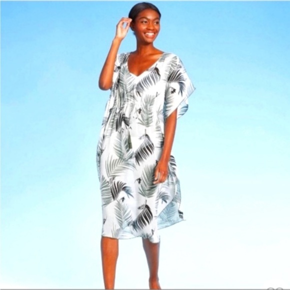 Women’s Kona Sol Kaftan Swim Cover Up Dress Medium Tropical Palm Leaf Beach - Picture 1 of 12